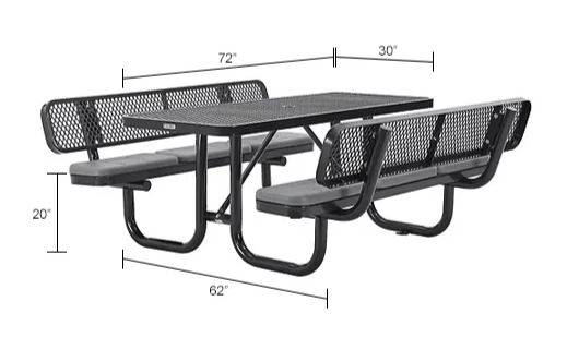 6′ Rectangular Picnic Table w/ Backrests Mesh Coated Black