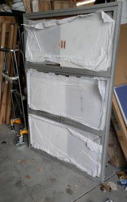 Enclosed Bulletin Board, Outdoor, 3 Door, 72"W x 36"H, Caramel Vinyl/S